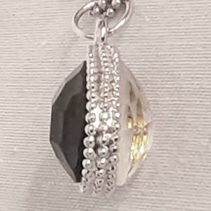 Silver Tone Double Sided Pendant Necklace Black Clear Stone Crocheted Ball Chain